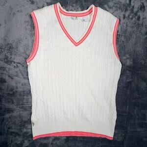 Izod Womens Sweater Vest M White Pink Trim Cable Knit‎ V-Neck Golf Preppy Top